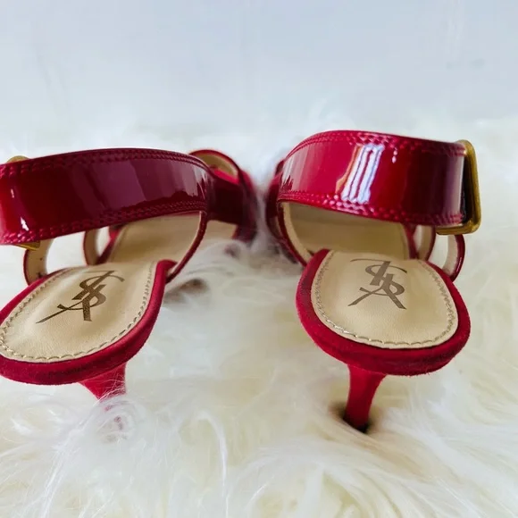 RED YSL Patten Leather & Suede mix high heels sandals. Open Toe, Slingback - Picture 12 of 16